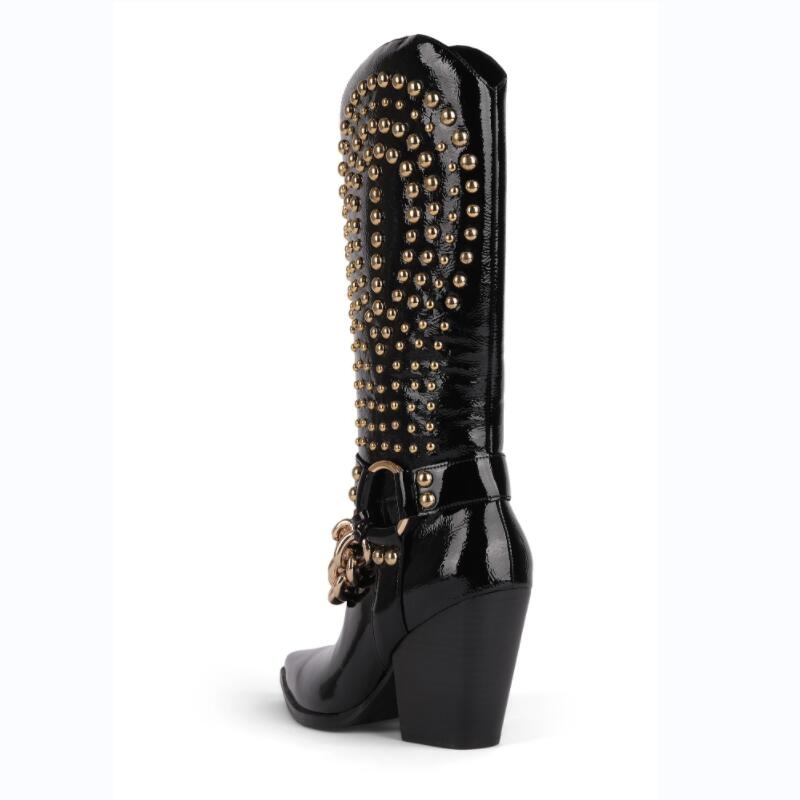 New Punk style western cowboy boots Women's Shoes Thick heel tip Rivet belt buckle Black Patent leather Plus Size