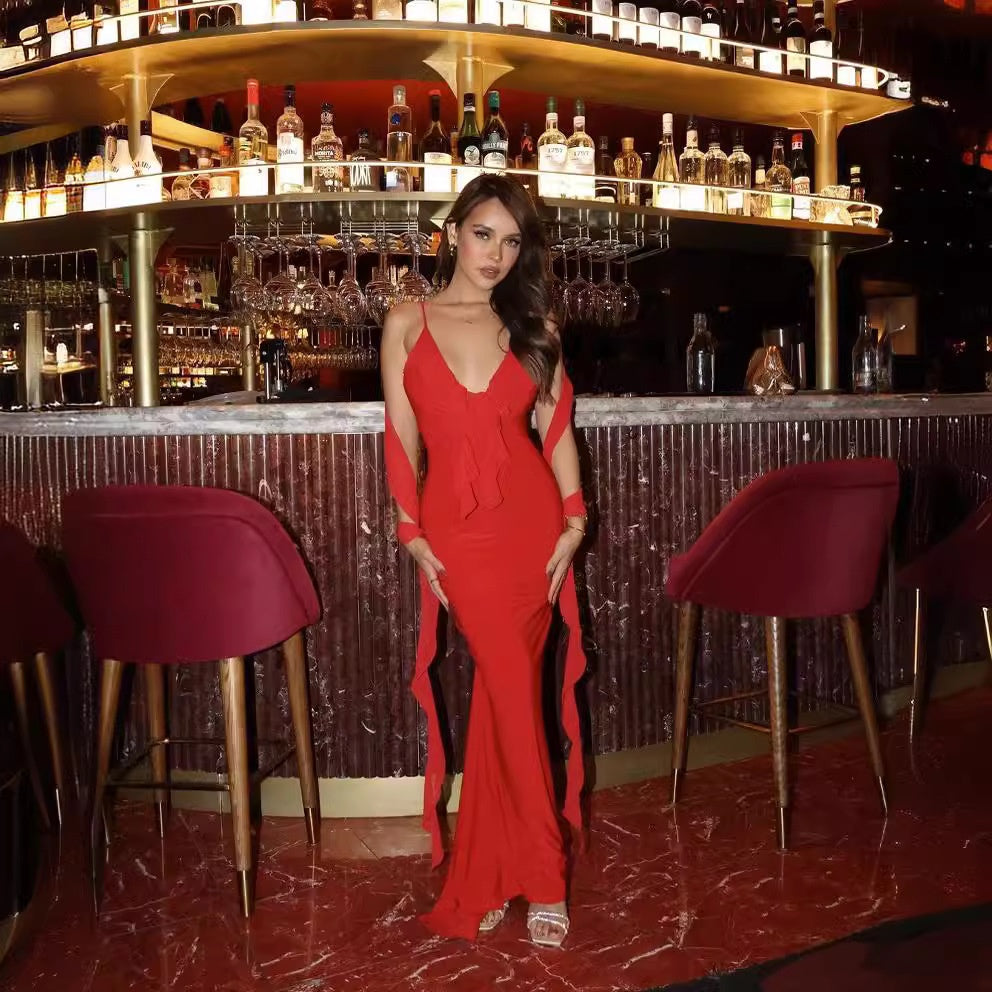 Dress V-neck backless slim fit shoulder strap fishtail evening gown