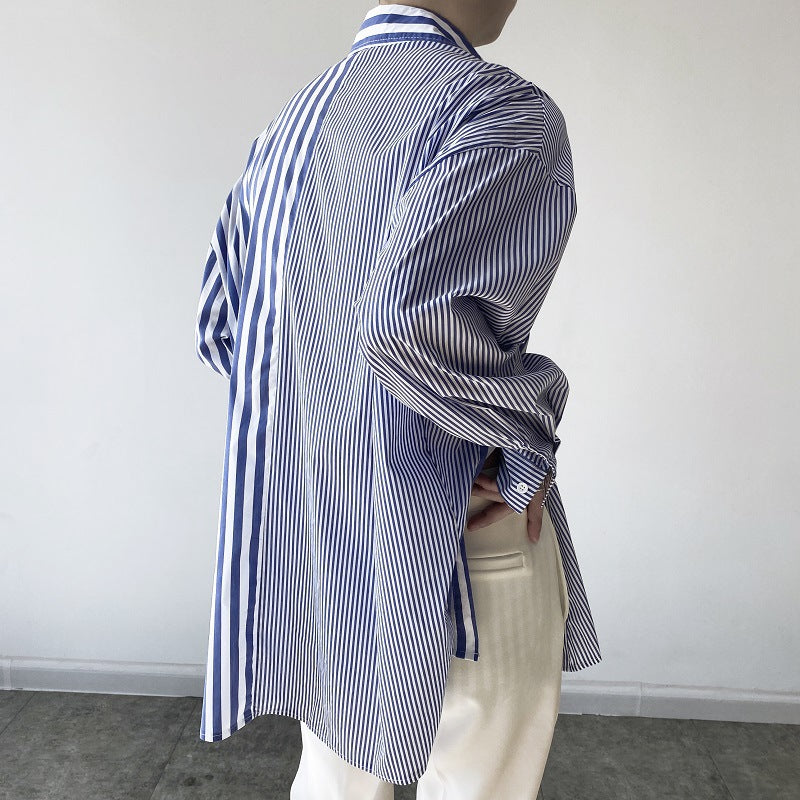 Women's Stripe Shirt Lapel Long Sleeves Single Breasted Irregular Spliced Blue Blouses Autumn