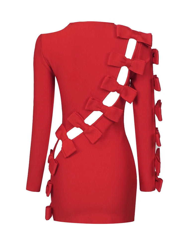 Solid Patchwork Bowknot Hollow Out Slimming Dresses For Women Round Neck Long Sleeve High Waist Mini Dress Female