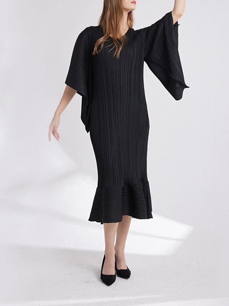 Pleated Dress Women's O-neck Casual Loose Flowy Sleeve 2023 Summer Female New Fashion Solid Color Fish Tail Dresses
