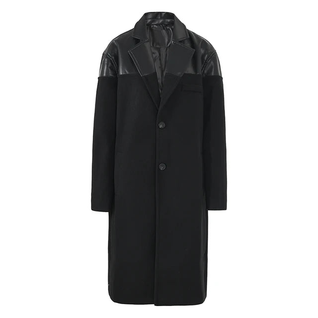 Black Pu Leather Big Size Long Woolen Coat New Lapel Long Sleeve Women Jacket Fashion Tide Autumn Winter