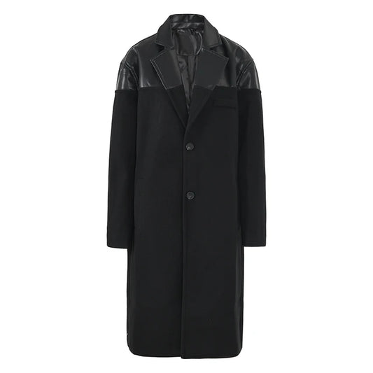 Black Pu Leather Big Size Long Woolen Coat New Lapel Long Sleeve Women Jacket Fashion Tide Autumn Winter