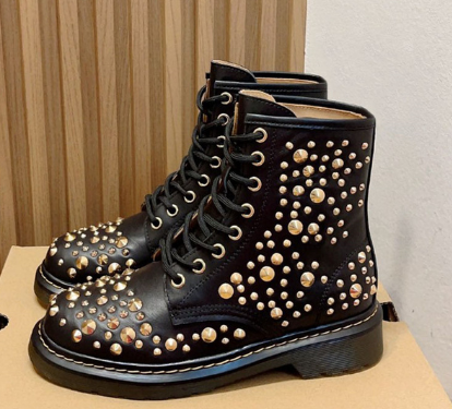 Genuine leather round head retro flat bottom rivet tie up short boots Martin boots high top shoes