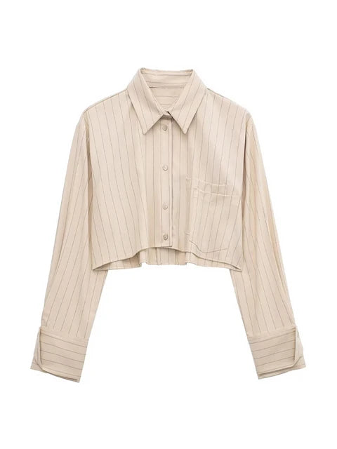 Women Fashion With Pocket Pinstripe Crop Shirts Vintage Long Sleeve Front Button Female Blouses Blusas Chic Tops