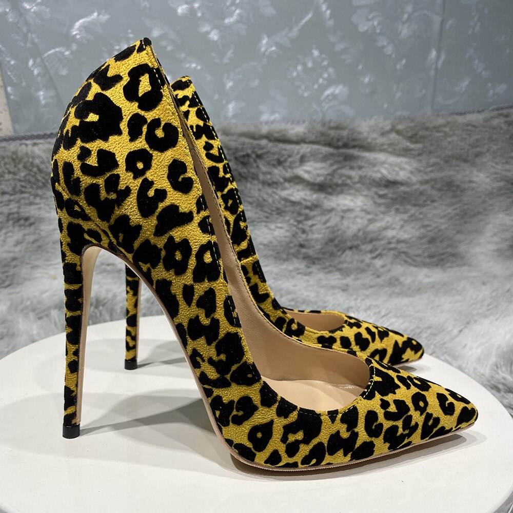 Synthetic Suede Flock Women Leaopard Pointy Toe High Heel Shoes Sexy Celebrity Party Stilettto Pumps 8cm 10cm 12cm