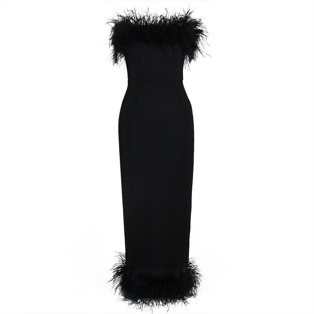 Patchwork Feathers Dresses For Women Strapless Sleeveless High Waist Tunic Slimming Solid Elegant Dress