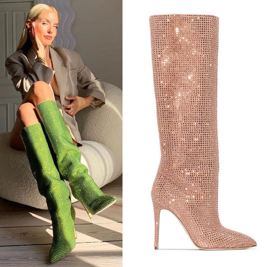 BlingBling Fashion Knee-High Boots Genuine Leather  Pointed Toe Solid Thin High Heel  Rhinestones Comfortable Cool Catwalk