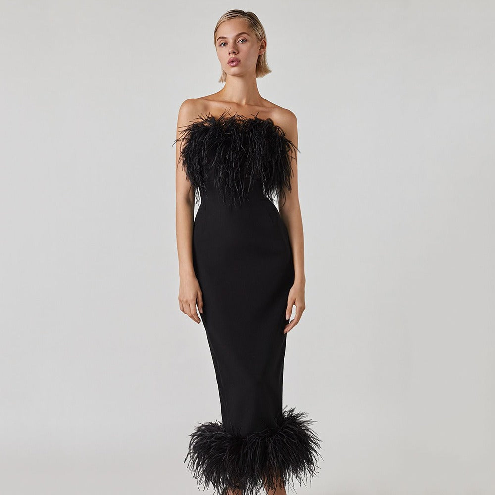Patchwork Feathers Dresses For Women Strapless Sleeveless High Waist Tunic Slimming Solid Elegant Dress