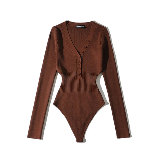Women Long Sleeve V-neck Buttons Bodysuit Solid Color Elastic Slim Waist Jumpsuits