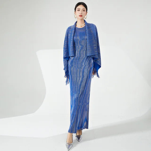 High End Pleated 2 Piece Set Women Tassel Irregular Shawl Sleeveless Long Dresses Elegant Party  Spring New
