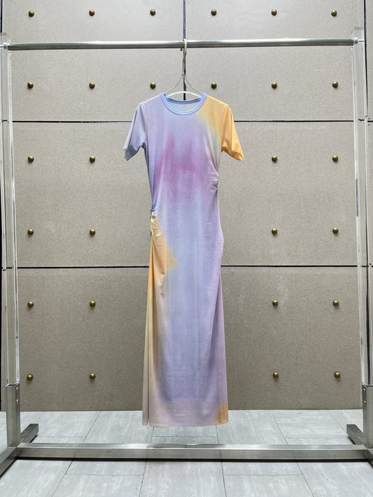 Pleated Slim Fit Dress Fashion Gradient Printing Long Dresses y2k Short Sleeved Top
