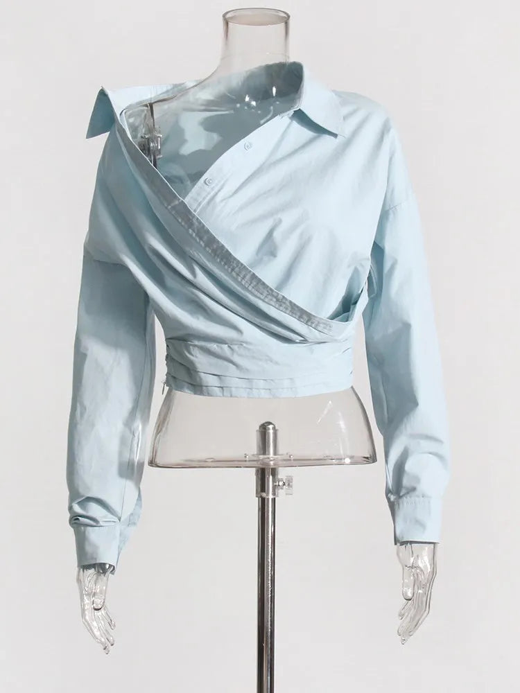 Solid Casual Patchwork Button Blouse For Women Lapel Long Sleeve Irregular Designer Blouses Female Fashion Style