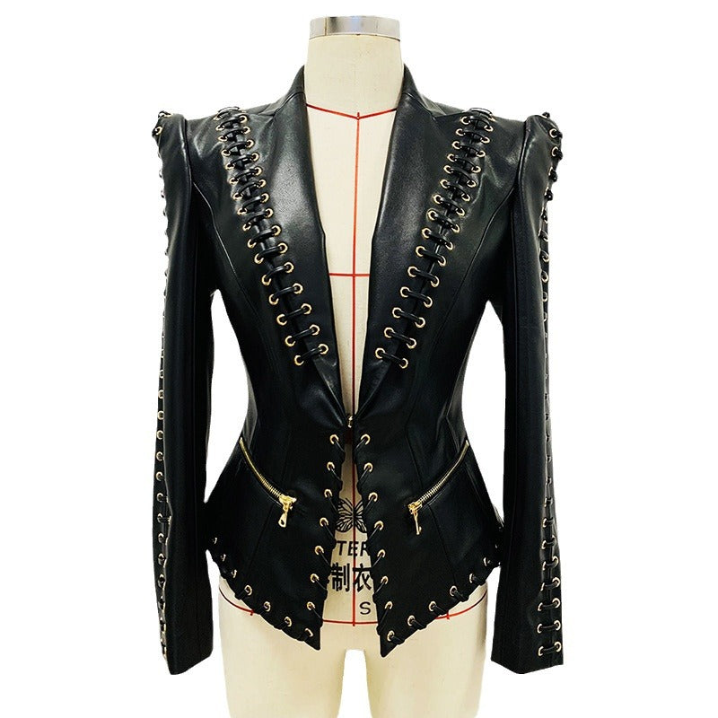 European and American celebrity fashion heavy industry chicken eye tie rope slim fit leather jacket suit jacket jacket