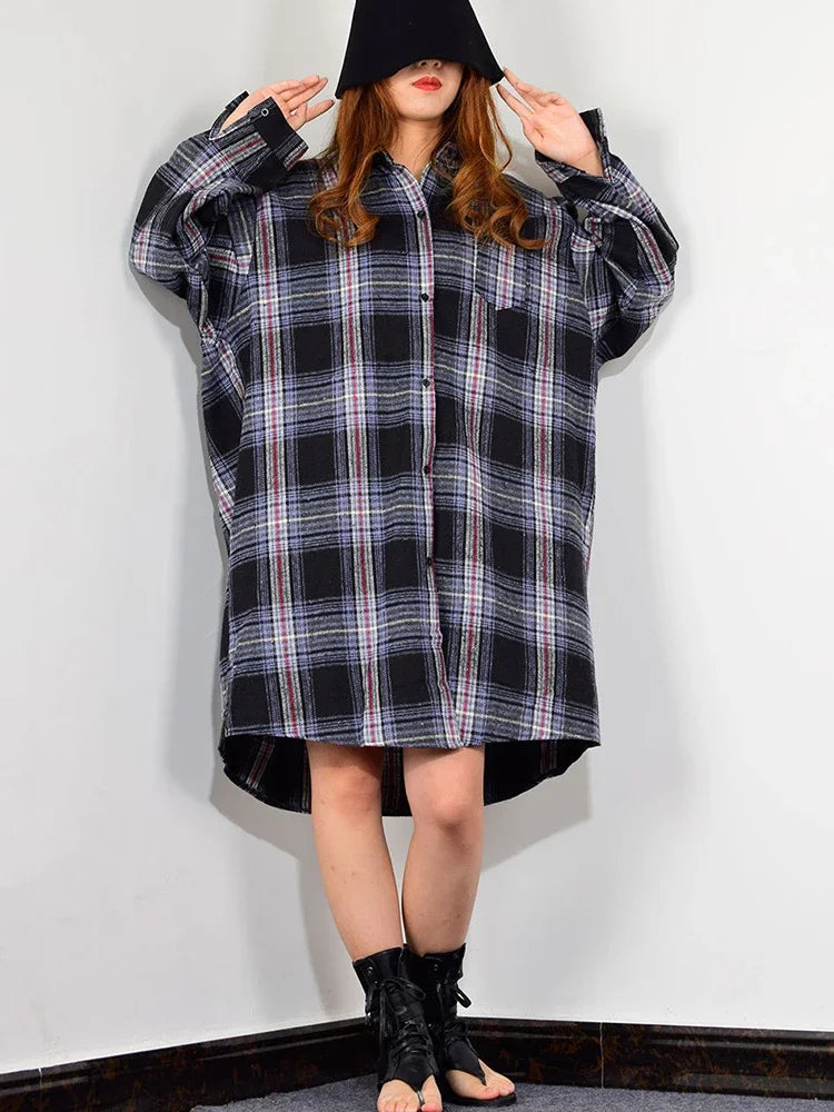 Plaid Casual Single Breasted Long Blouses Women Autumn Loose Fashion Tide Turn Down Collar Long Sleeve