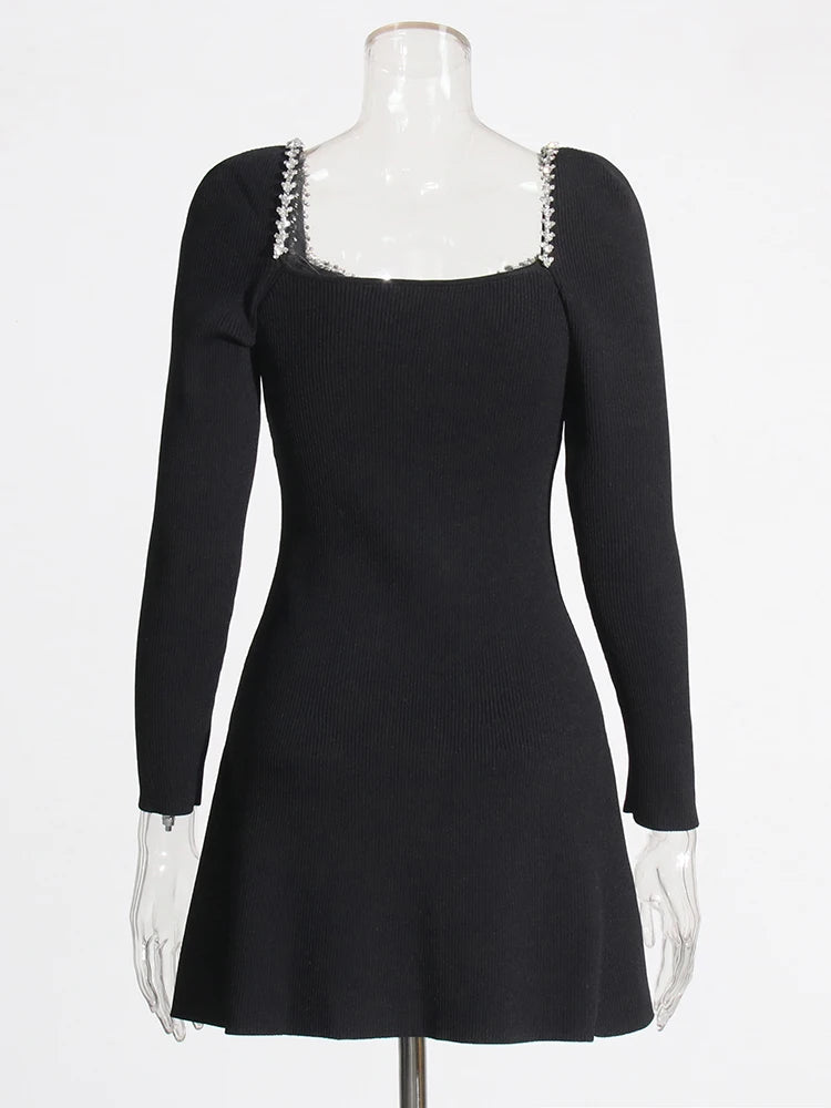 Solid Pattchwork Diamonds Slimming Dresses For Women V Neck Long Sleeve Hollow Out Sexy Mini Bodycon Dress Female