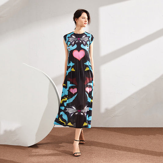 Summer Pleated Printing Dress for Women Round Neck Short Sleeve High Waist Casual Female Elegant Dresses
