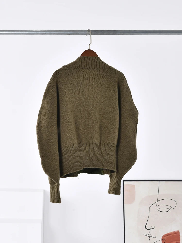 Vintage Knitted Spliced Fake Two Pieces Coat Women Patchwork Bomber Jacket Trend Ladies Outerwear Tops winter