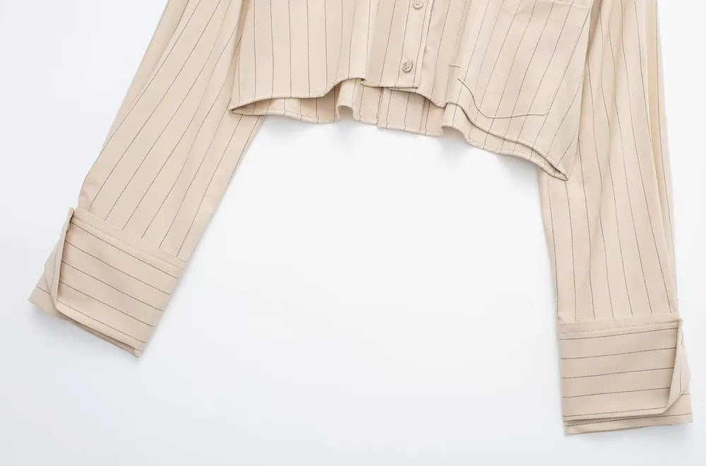 Women Fashion With Pocket Pinstripe Crop Shirts Vintage Long Sleeve Front Button Female Blouses Blusas Chic Tops