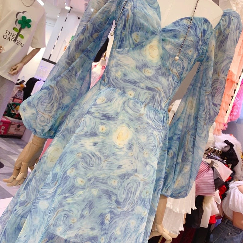 Light Blue Van Gogh's Starry Sky Pattern Sweetheart Collar Lanter Sleeve Asymmetrical Chiffon Dresses