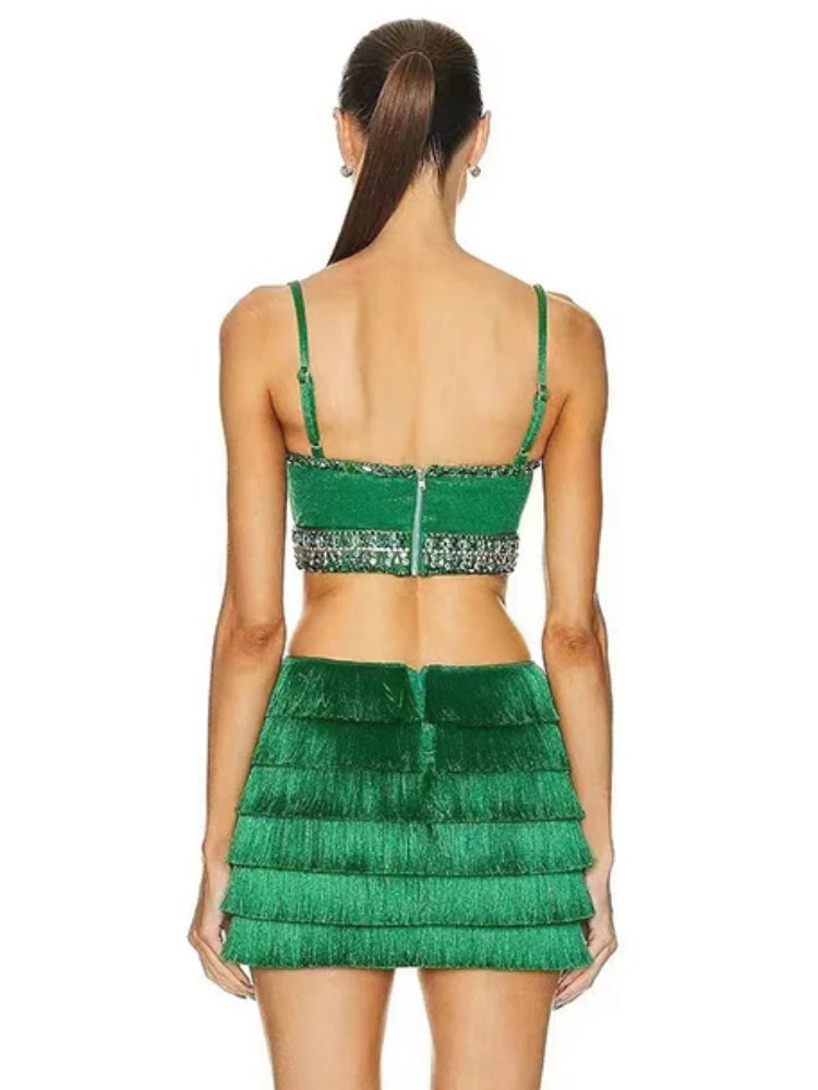 Sexy Spaghetti Strap Hollow Out Crystal Bandage Dress Women Green Sleeveless Backless Tassel Bodycon Dresses Evening Party Club