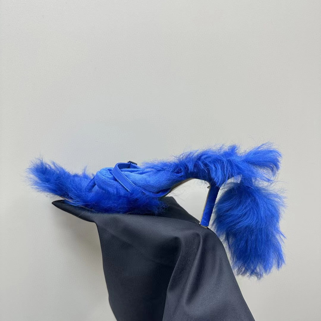 Designer Banquet Edge Fur Pumps Real Leather Sandals Sexy Women Ankle Pinch toe Sandals High Heel Runway Ladies Pumps
