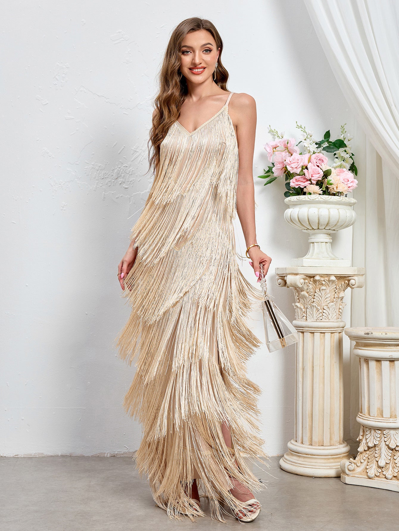 Elegant Sleeveless Evening Gown with Fringe Detail, Sexy Backless Long Dress Party Dress