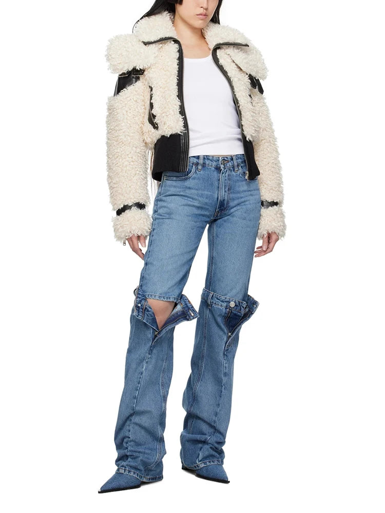 Colorblock Patchwork Leather Jacket For Women Lapel Long Sleeve Spliced Zipper Streetwear Jackets Female Fashion
