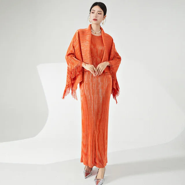High End Pleated 2 Piece Set Women Tassel Irregular Shawl Sleeveless Long Dresses Elegant Party  Spring New