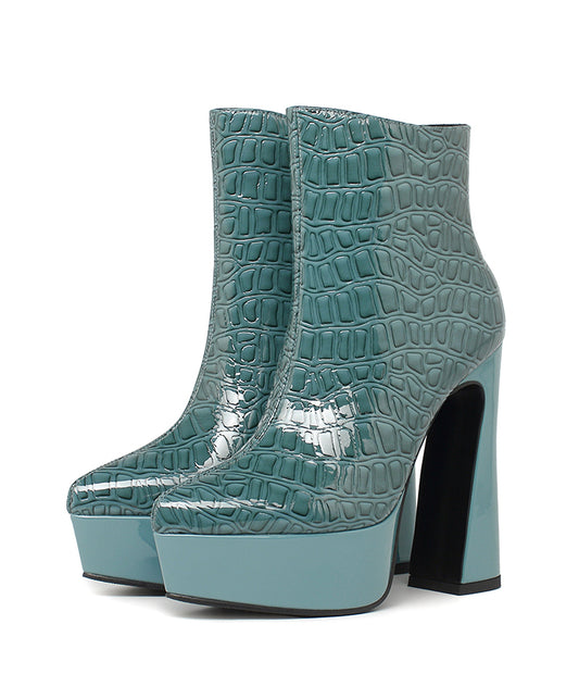 New Brand Women's Shoes High Heels Thick Platform Black Blue Genuine Patent Leather Dress Party Working Short Boots