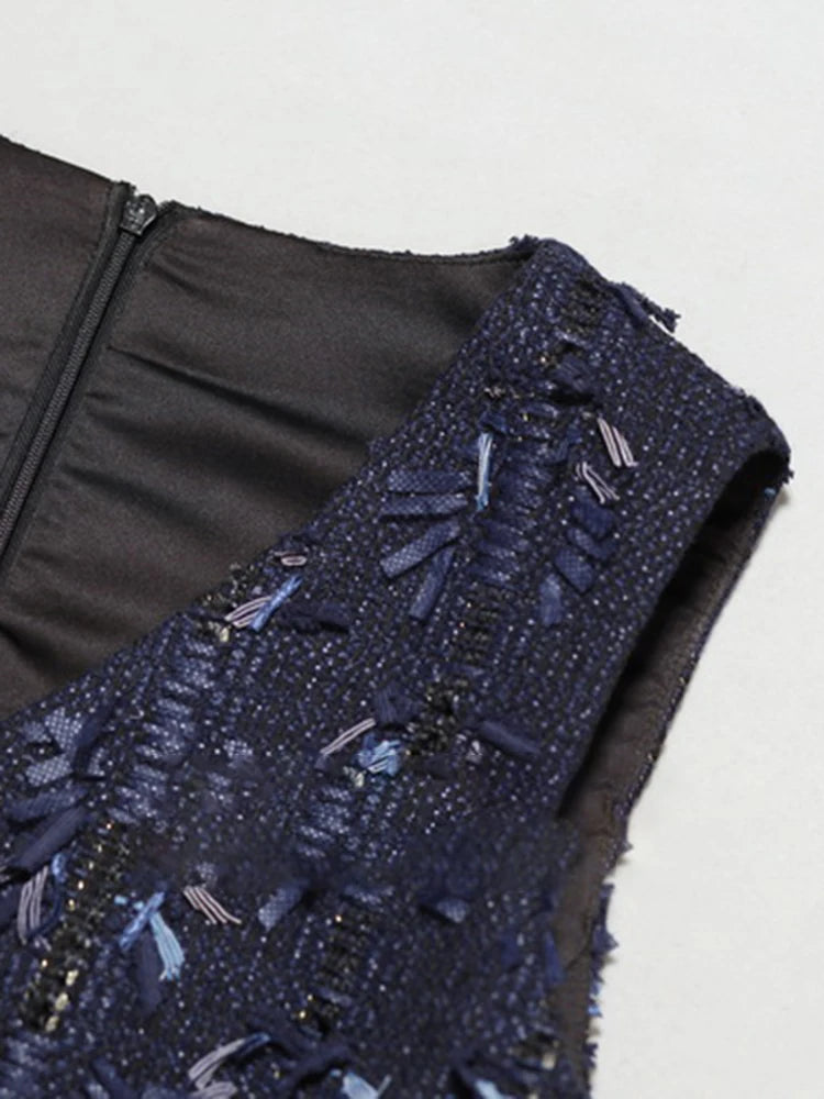 Elegant Patchwork Tassel Mini Dresses For Women V Neck Sleeveless High Waist Spliced Zipper Solid Loose Dress Female New