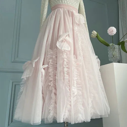High-End Mesh Long Skirt Handmade Bow Gauze Skirt Fairy High Waist Slimming Umbrella Skirt Designer Model Skirt Evening Dresses