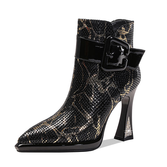 Brand Women's Ankle Booots Autumn Winter Shoes Genuine Leather High Heels Pointed Toe Gold Silver Dress Party Shoes