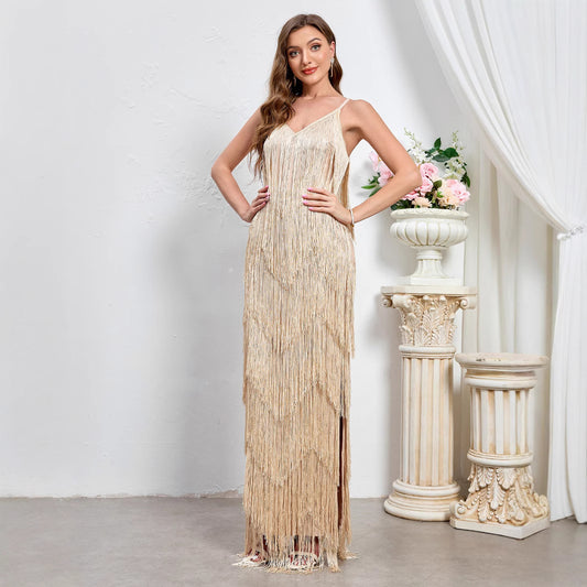 Elegant Sleeveless Evening Gown with Fringe Detail, Backless Long Dress Party Dress