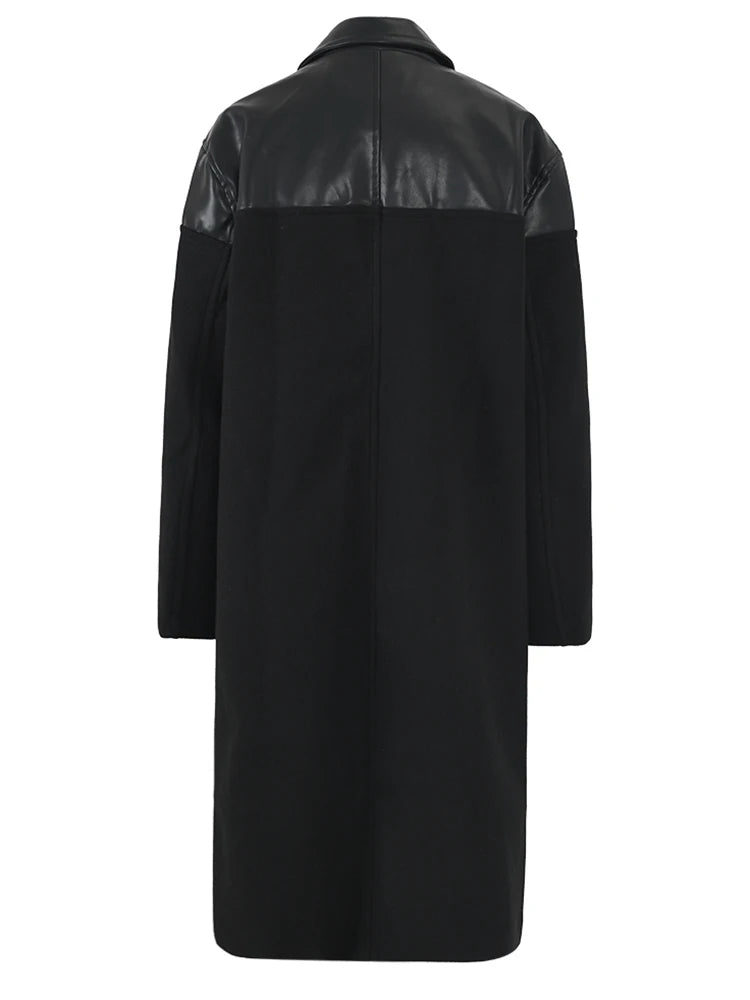 Black Pu Leather Big Size Long Woolen Coat New Lapel Long Sleeve Women Jacket Fashion Tide Autumn Winter