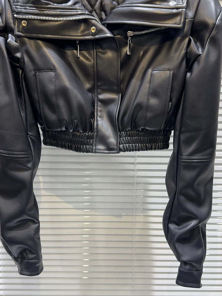 Fashion Women's Turn-dowm Collar PU Leather Coat  Winter Trendy New Long Sleeves Zipper Pockets Jacket Female