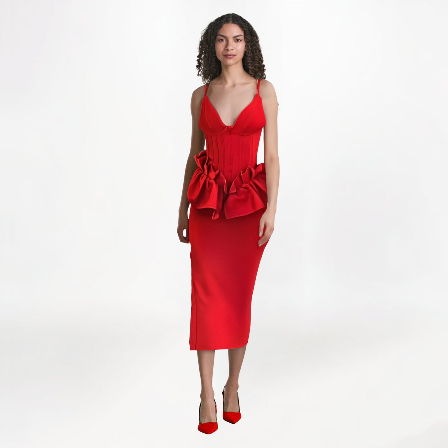 Red  ruffle hem backless evening dress