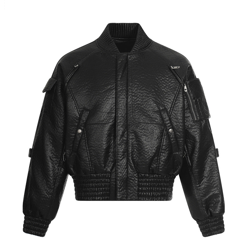 Urban Street Style Men's Cotton Coat, Stand Collar, Pleated PU Leather,  Loose Fit, Versatile Outerwear Top