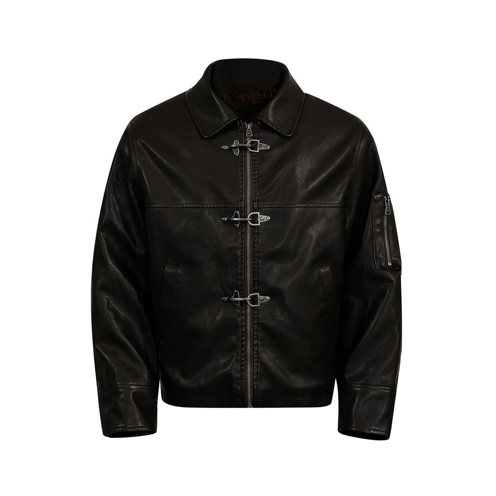 Style Men's Cotton Coat with Turn-Down Collar, PU Leather Patchwork, Loose Fit, Casual Outerwear Jacket