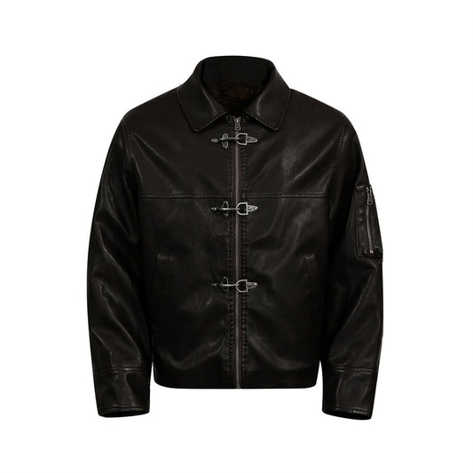 Style Men's Cotton Coat with Turn-Down Collar, PU Leather Patchwork, Loose Fit, Casual Outerwear Jacket