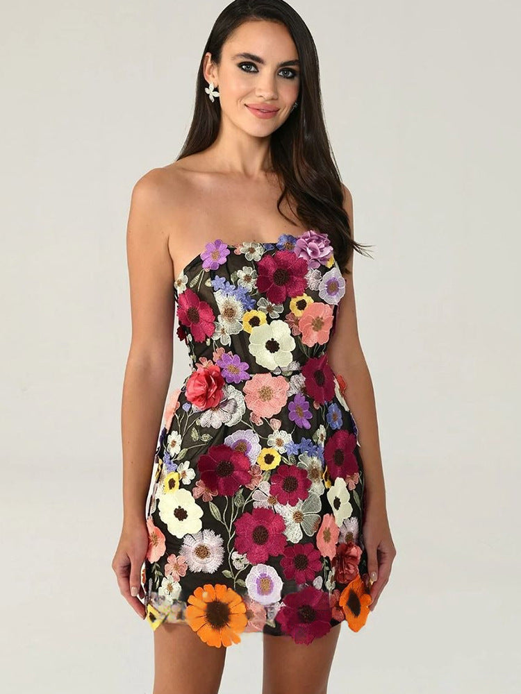 Embroidery Stitching Flowers Tube Top