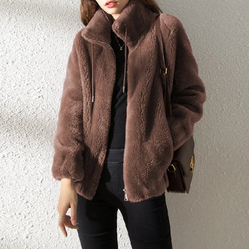 Women Autumn Winter Faux Fur Coats Zipper Cardigan Plush Thick Warm