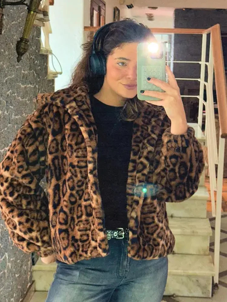 Casual Loose Outerwear Autumn Winter Woman Tops New Fashion Leopard