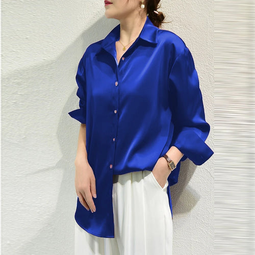 French Elegant Women Satin Glossy Shirt Summer Solid Loose Long Sleeve