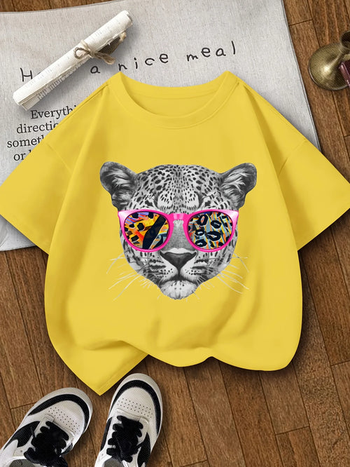 Playful Charm, Colorful Leopard Face Print Girls' T-Shirt Soft Crew