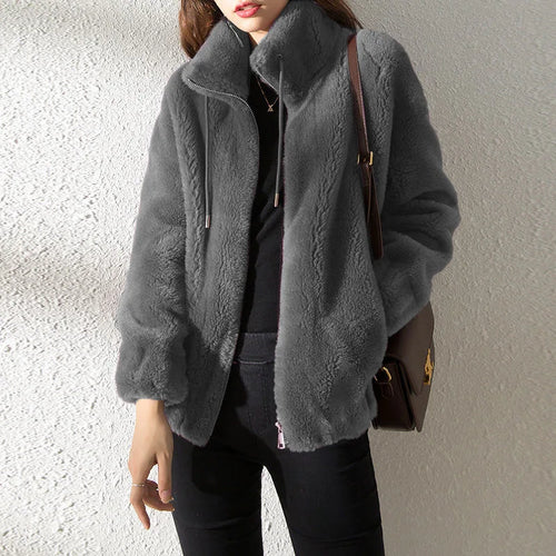 Women Autumn Winter Faux Fur Coats Zipper Cardigan Plush Thick Warm