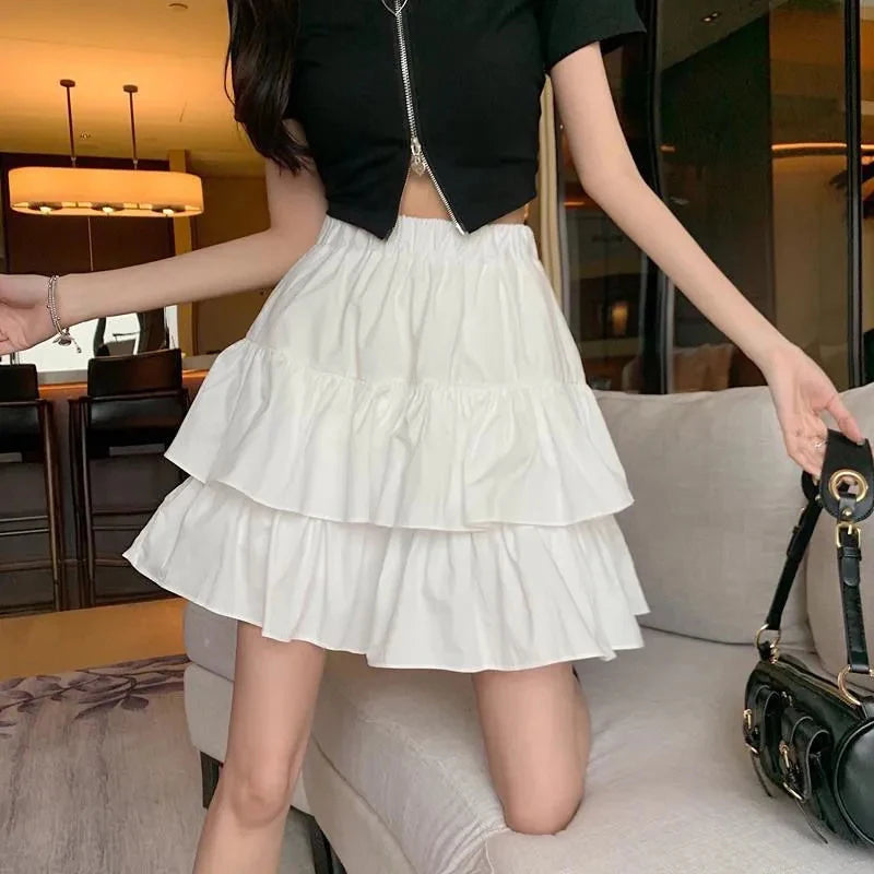 Pleated A-Line Skirt Women White Ruffle Sweet Tierred Pretty Style