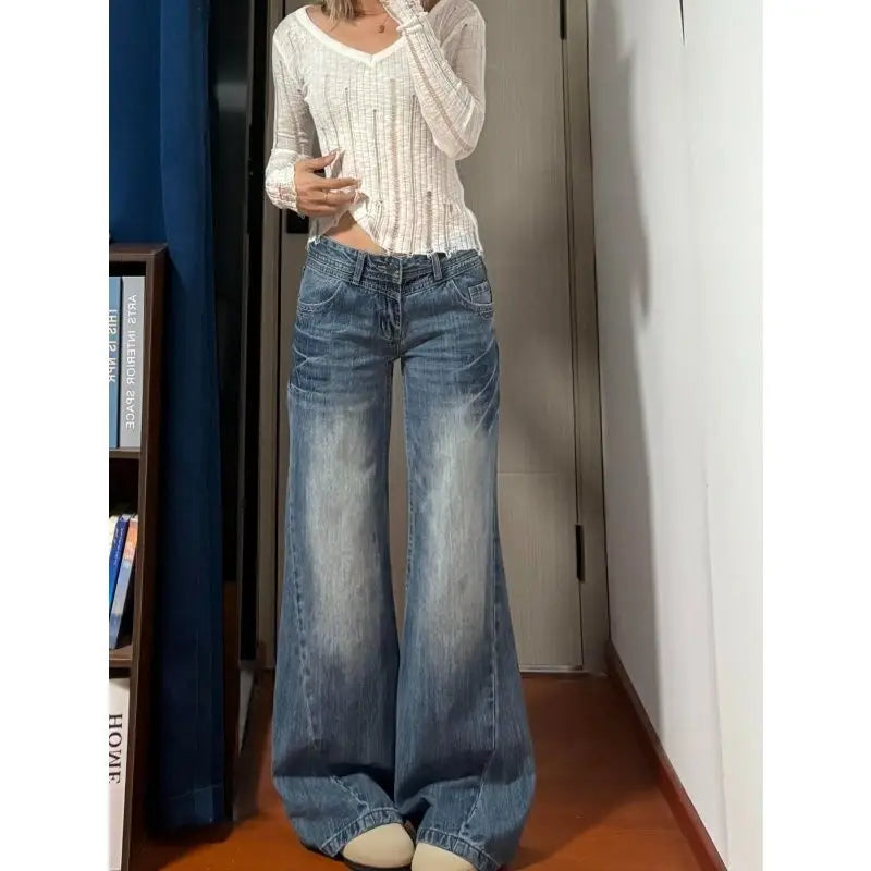 New American Vintage Edgy Low Waist Washed Jeans Women Lightning Crack