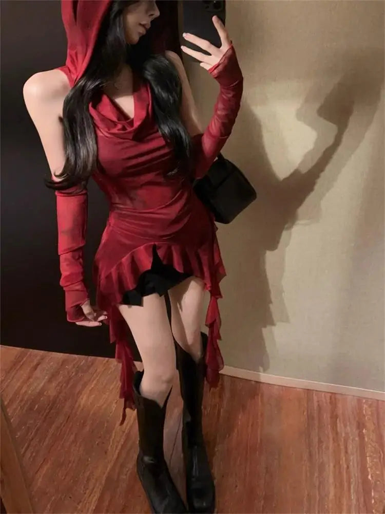 Red Mesh See Through Top Streetwear Hooded T-shirt Irregular Ruffle