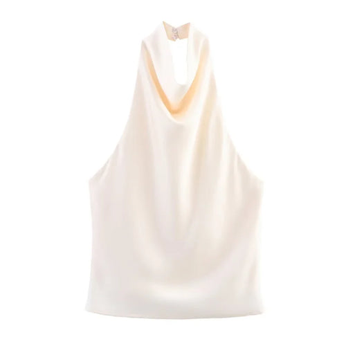 ETJ Women's 2026 Spring Cowl Neck Sleeveless Top Satin Backless Halter
